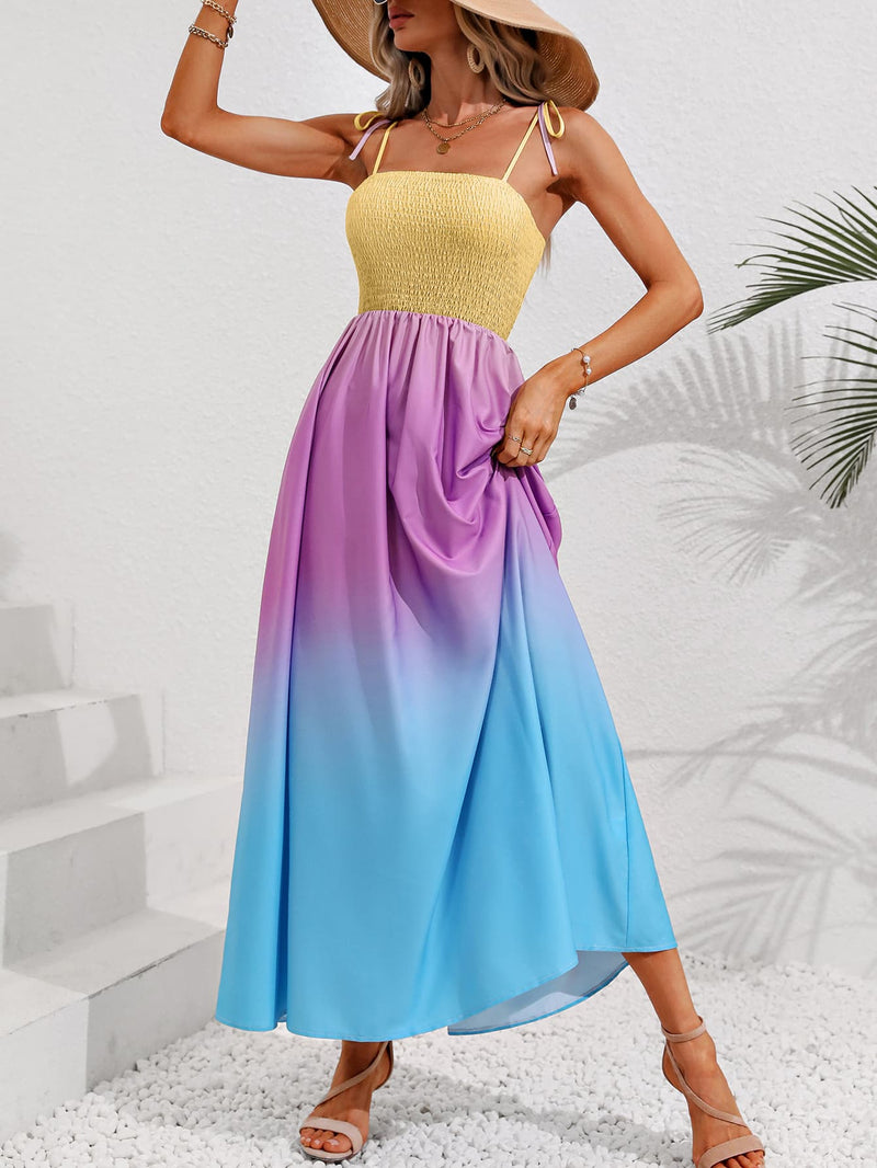 Summer Gradient Tie Shoulder Smocked Maxi Dress