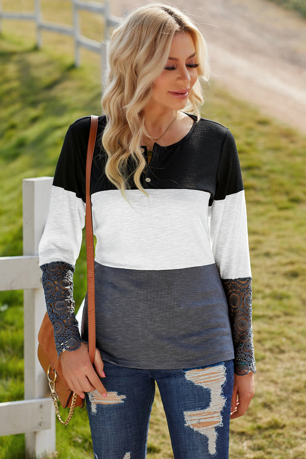 Color Block Spliced Lace Sleeve Ribbed Henley Top | 3 COLORS!