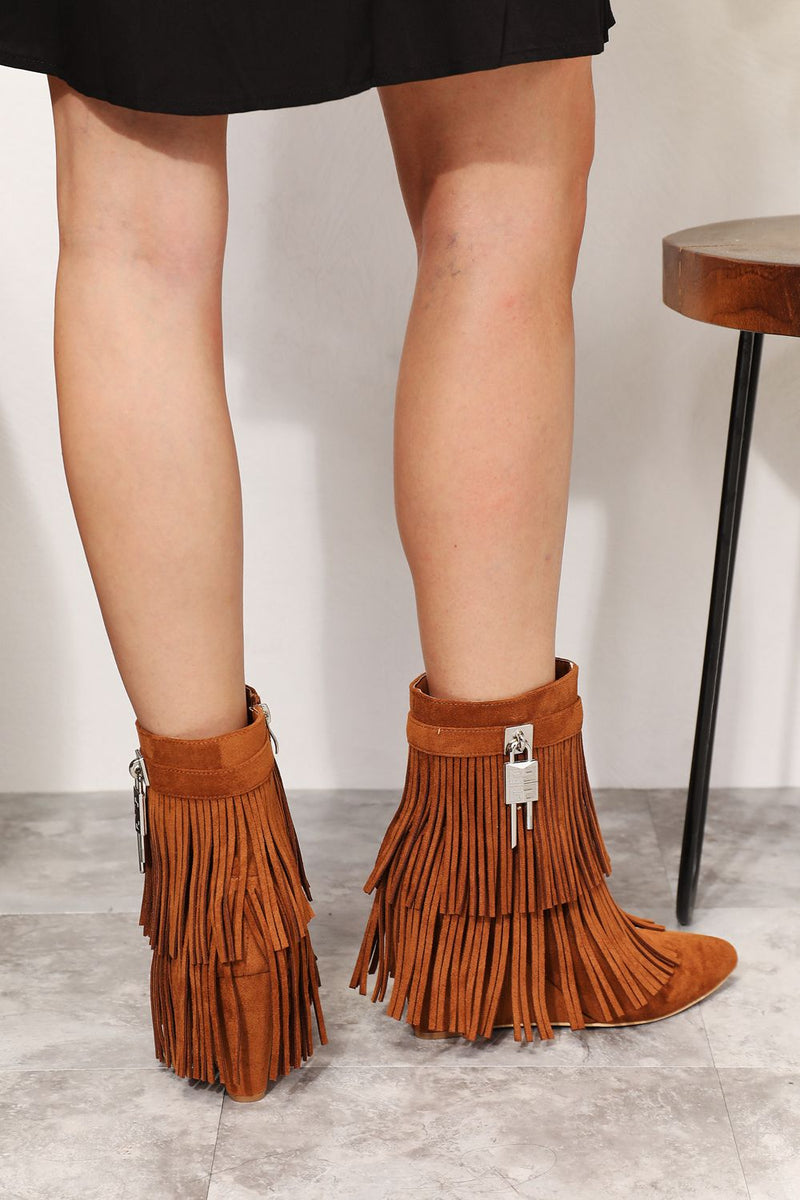 Tassel Wedge Heel Ankle Booties in Camel