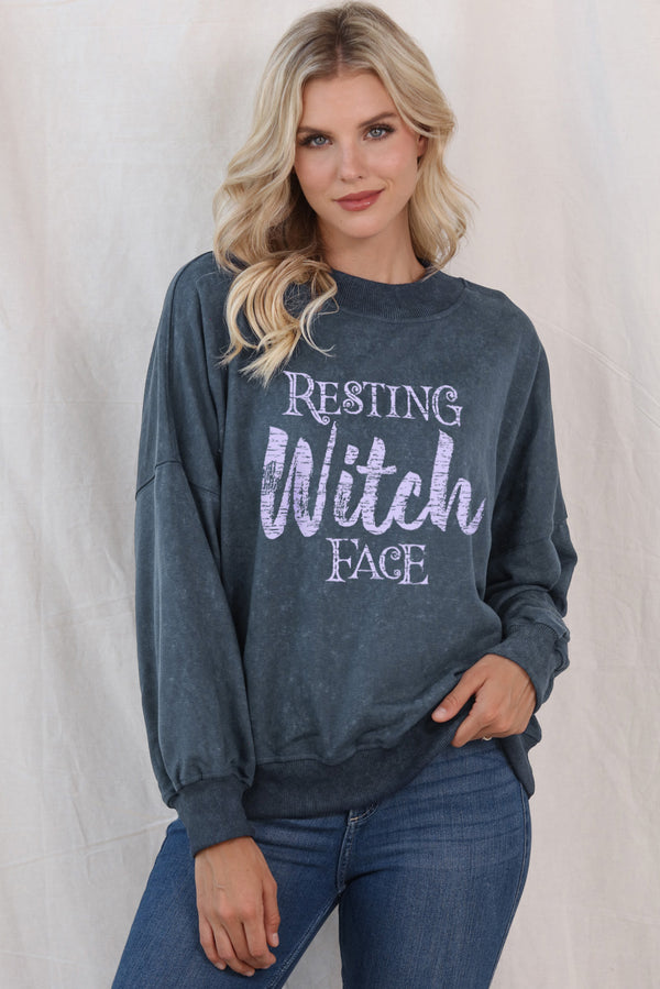 RESTING WITCH FACE Acid Wash Graphic Sweatshirt