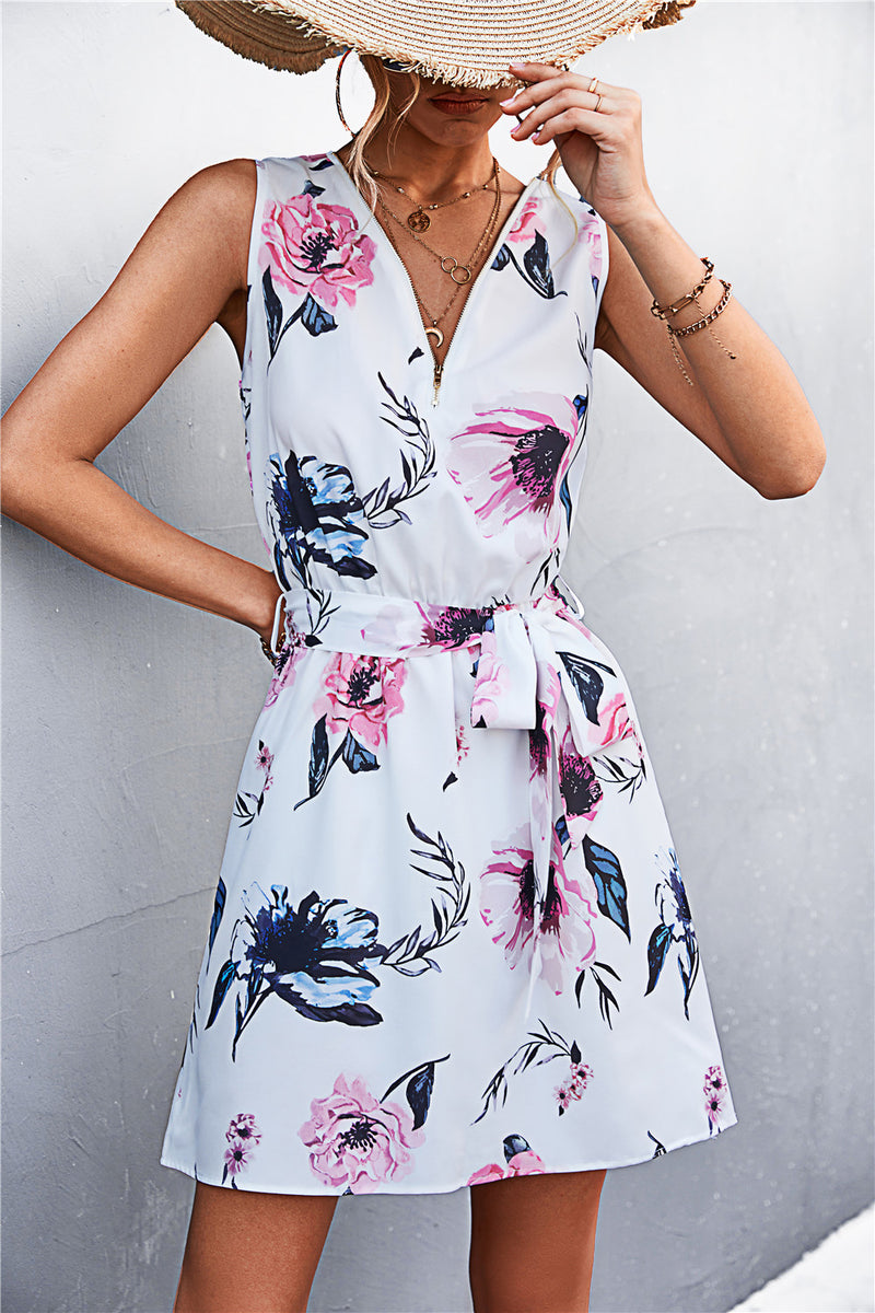 In the Tropics Printed Zip Up Sleeveless Dress | 6 Colors