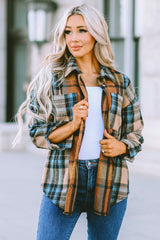 Pop of Teal Plaid Curved Hem Shirt Jacket