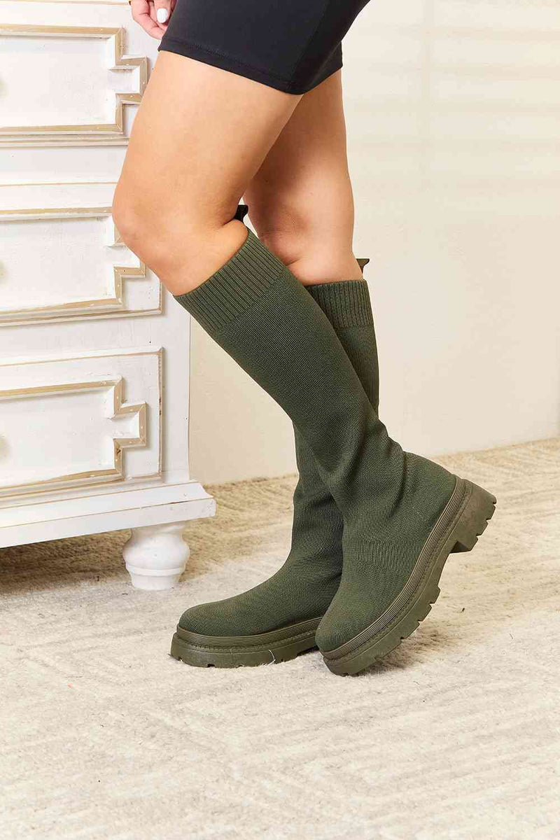 Hillside Green Knee-High Knit Boots