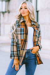 Pop of Teal Plaid Curved Hem Shirt Jacket