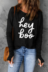 HEY BOO Long Sleeve Thumbhole Graphic Top