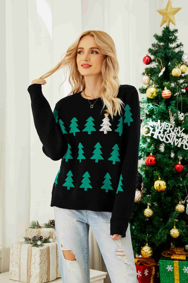 Christmas Tree Round Neck Ribbed Trim Sweater | 2 Colors