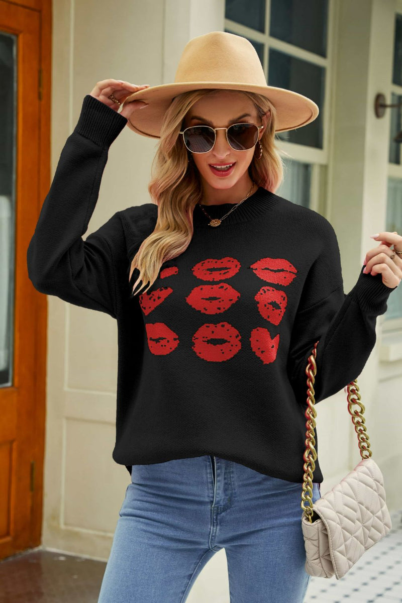 5 Colors | Lip Graphic Slit Dropped Shoulder Sweater