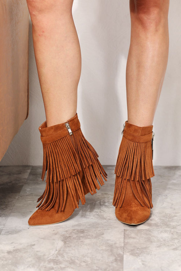 Tassel Wedge Heel Ankle Booties in Camel