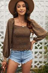 Floral Smocked Square Neck Balloon Sleeve Top - Black Feather