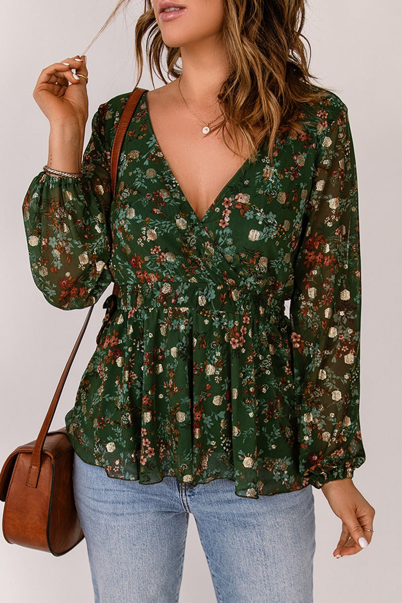 Floral Surplice Peplum Blouse - Black Feather