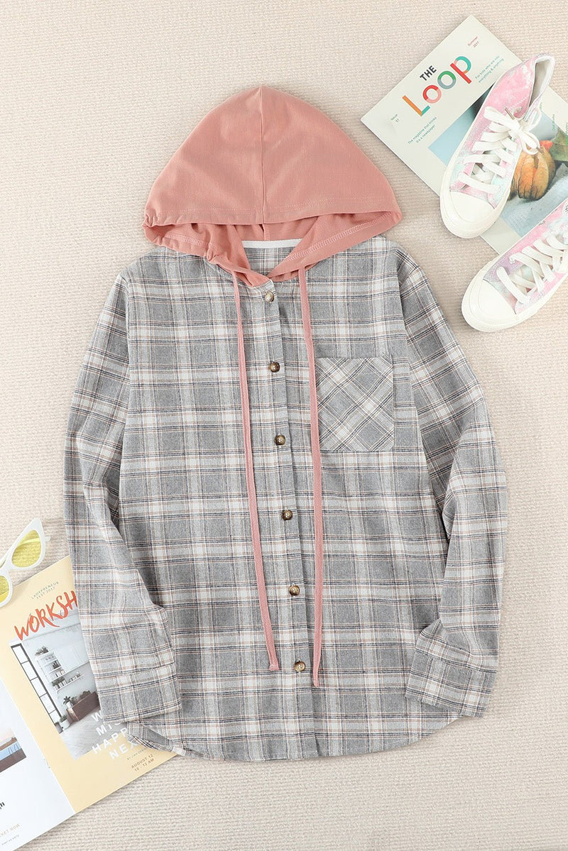 Plaid Drawstring Hooded Shirt Jacket **PRE-ORDER** - Black Feather