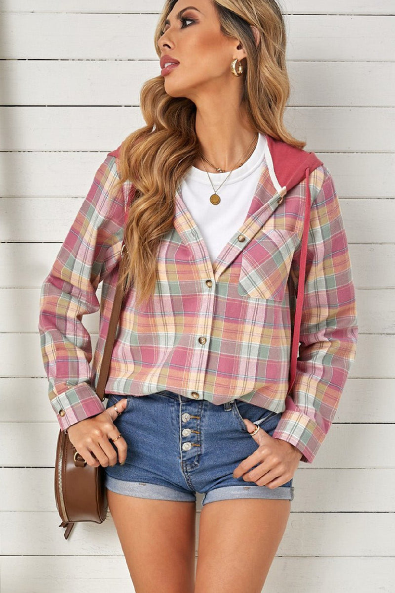 Plaid Drawstring Hooded Shirt Jacket **PRE-ORDER** - Black Feather