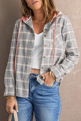 Plaid Drawstring Hooded Shirt Jacket **PRE-ORDER** - Black Feather