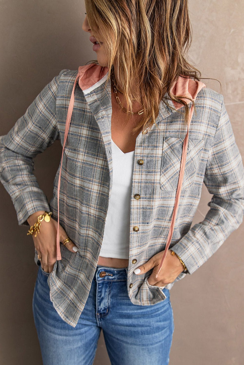 Plaid Drawstring Hooded Shirt Jacket **PRE-ORDER** - Black Feather