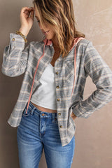 Plaid Drawstring Hooded Shirt Jacket **PRE-ORDER** - Black Feather