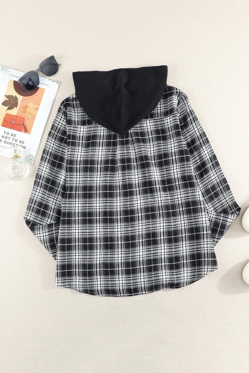 Plaid Drawstring Hooded Shirt Jacket **PRE-ORDER** - Black Feather