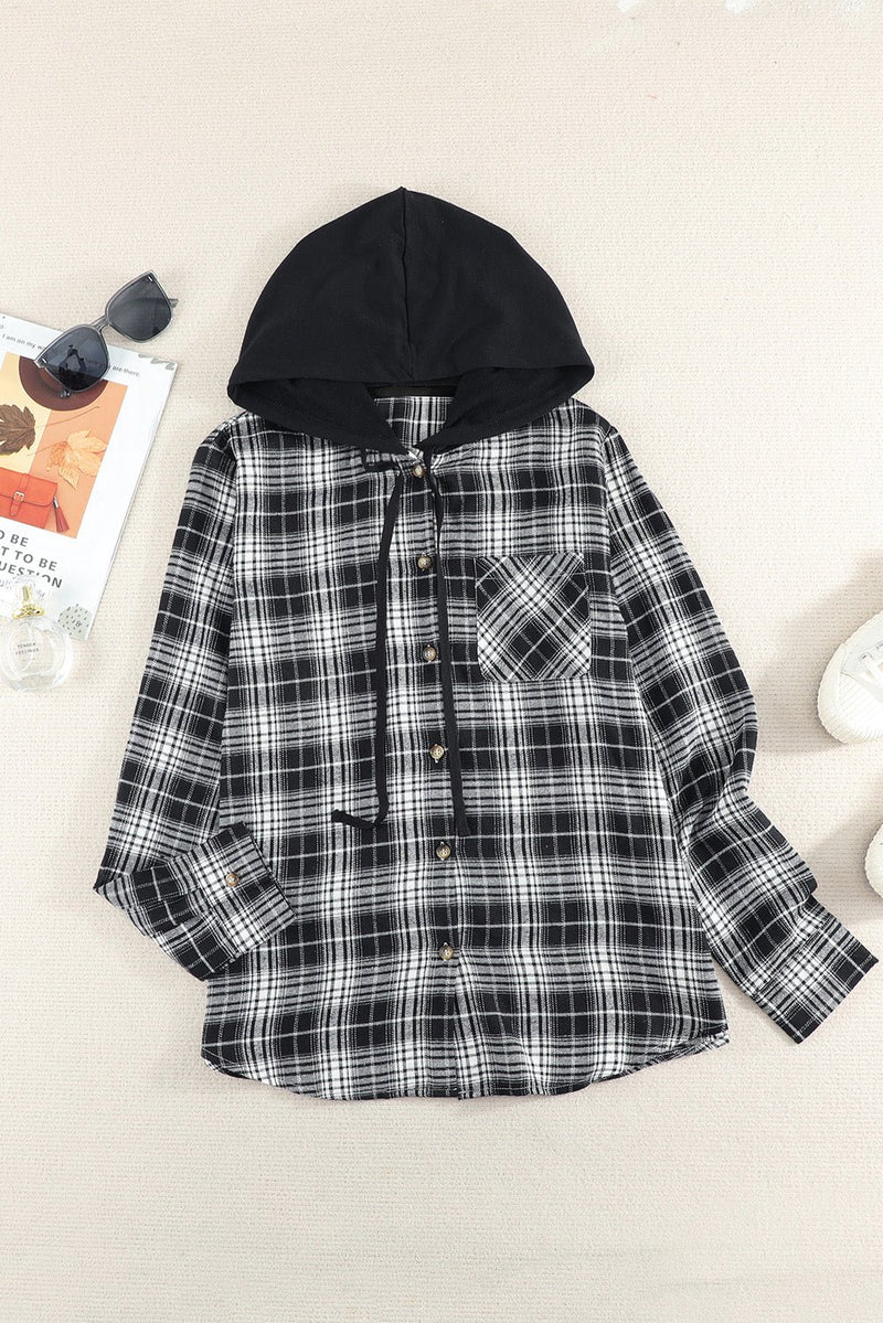 Plaid Drawstring Hooded Shirt Jacket **PRE-ORDER** - Black Feather