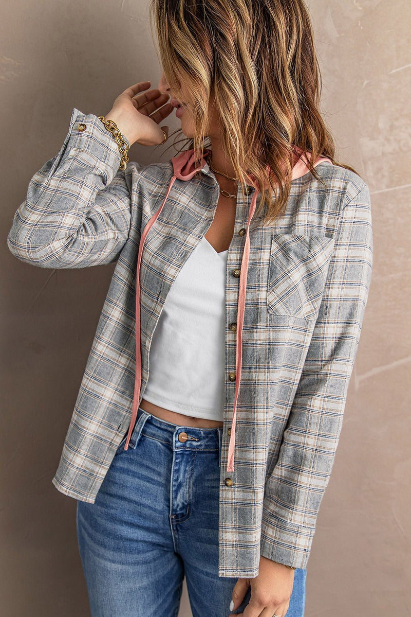 Plaid Drawstring Hooded Shirt Jacket **PRE-ORDER** - Black Feather