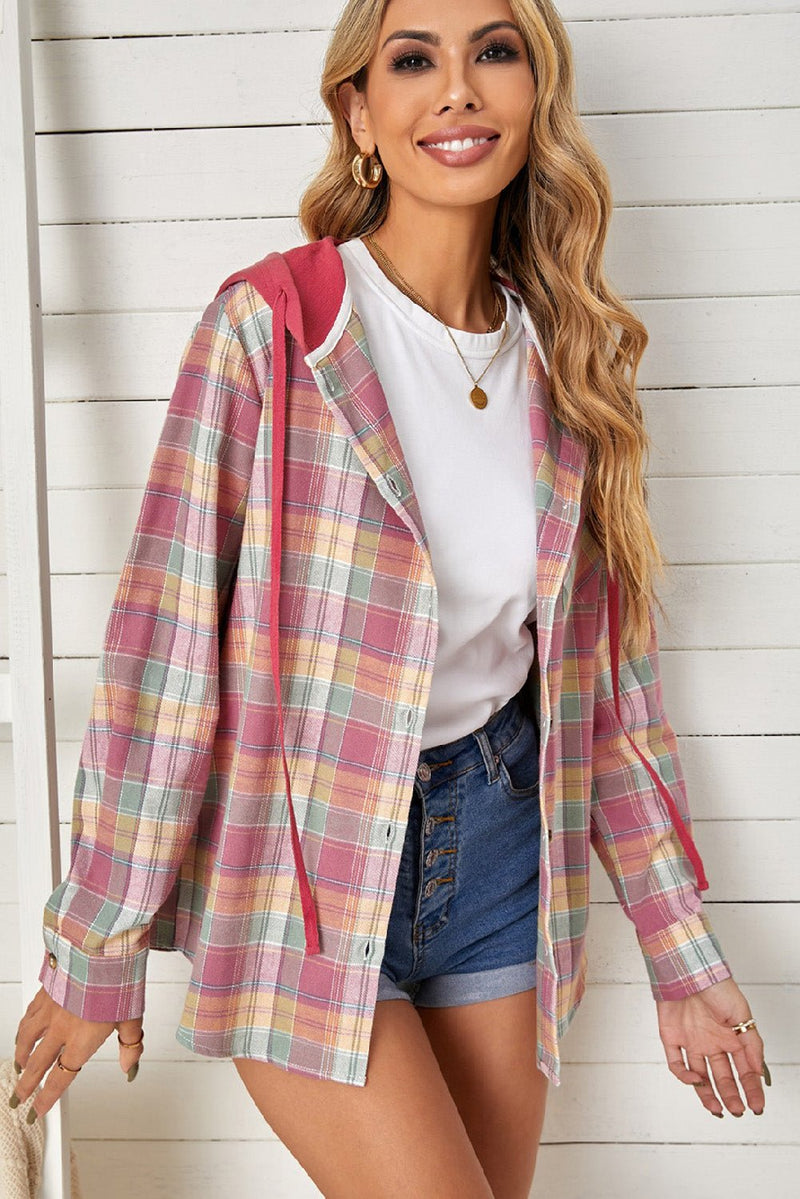 Plaid Drawstring Hooded Shirt Jacket **PRE-ORDER** - Black Feather