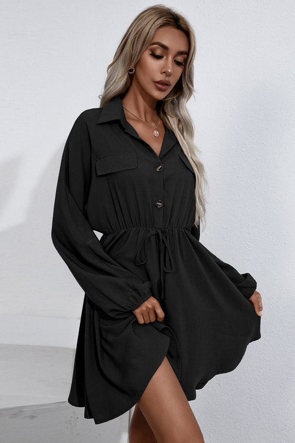 Refined Button Detail Shirt Dress *PRE-ORDER* - Black Feather