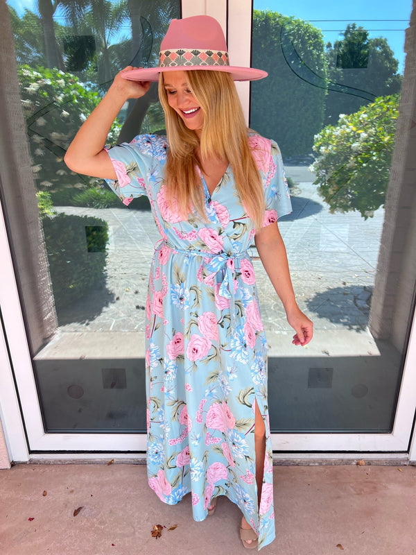 Sky Blue Floral Belted Maxi Dress *PRE-ORDER* - Black Feather