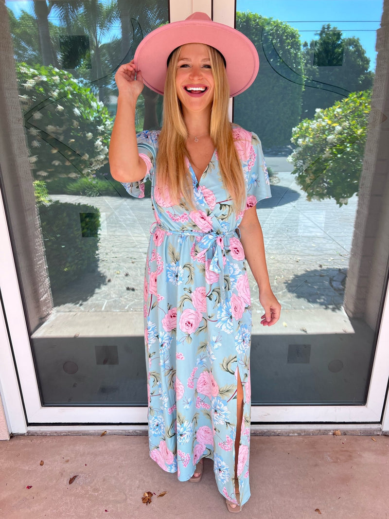 Sky Blue Floral Belted Maxi Dress *PRE-ORDER* - Black Feather